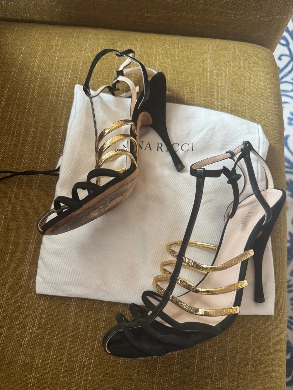 Nina Ricci Black and Gold Strappy T‑Bar Stiletto Sandals